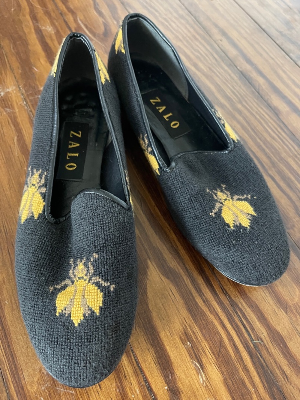 Zalo Black Knit Slip-On Flats with Yellow Bee Embroidery